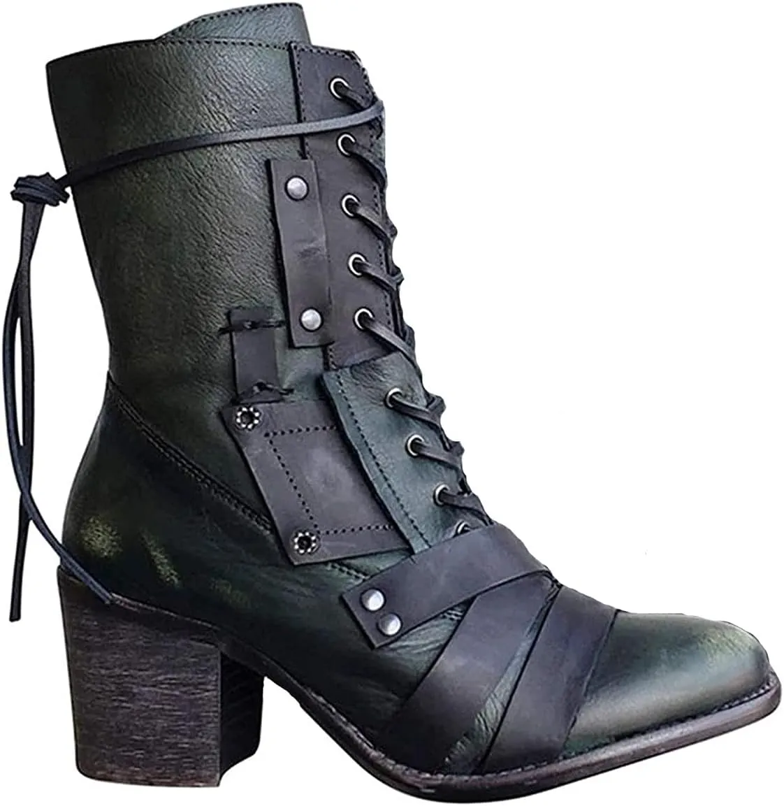 oiangi Women's Shoes Fashion Casual Laceing Mid Thick Heel Rivets Zipper Comfortable Trendy Shoes Mid Leather Boots