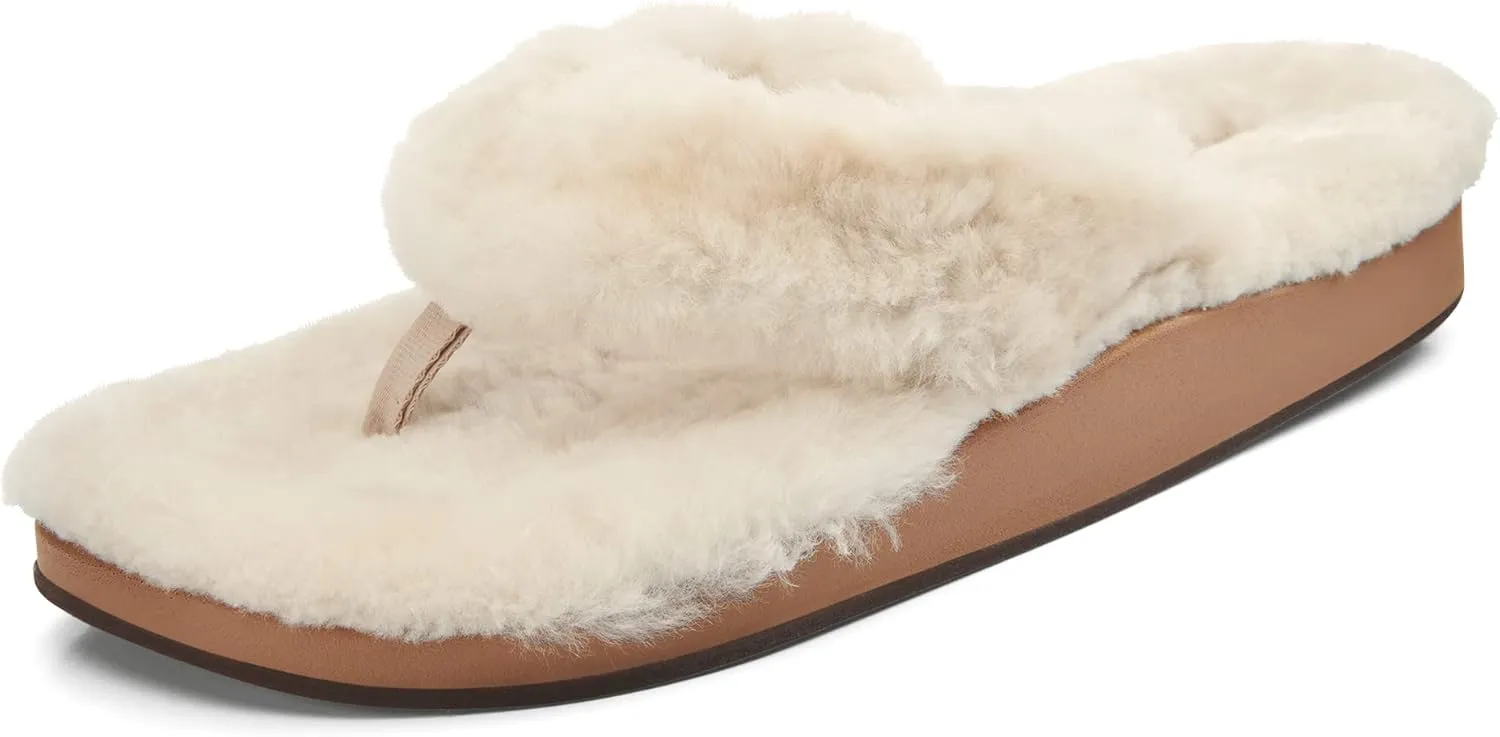 OLUKAI Kipe'a Heu Women's Sandal Slippers, Soft & Comfortable Shearling-Wrapped Straps, Durable RUbber Outsoles for All-Day Wear, Causal & Cute Everyday Style, Tapa/Tapa, 6