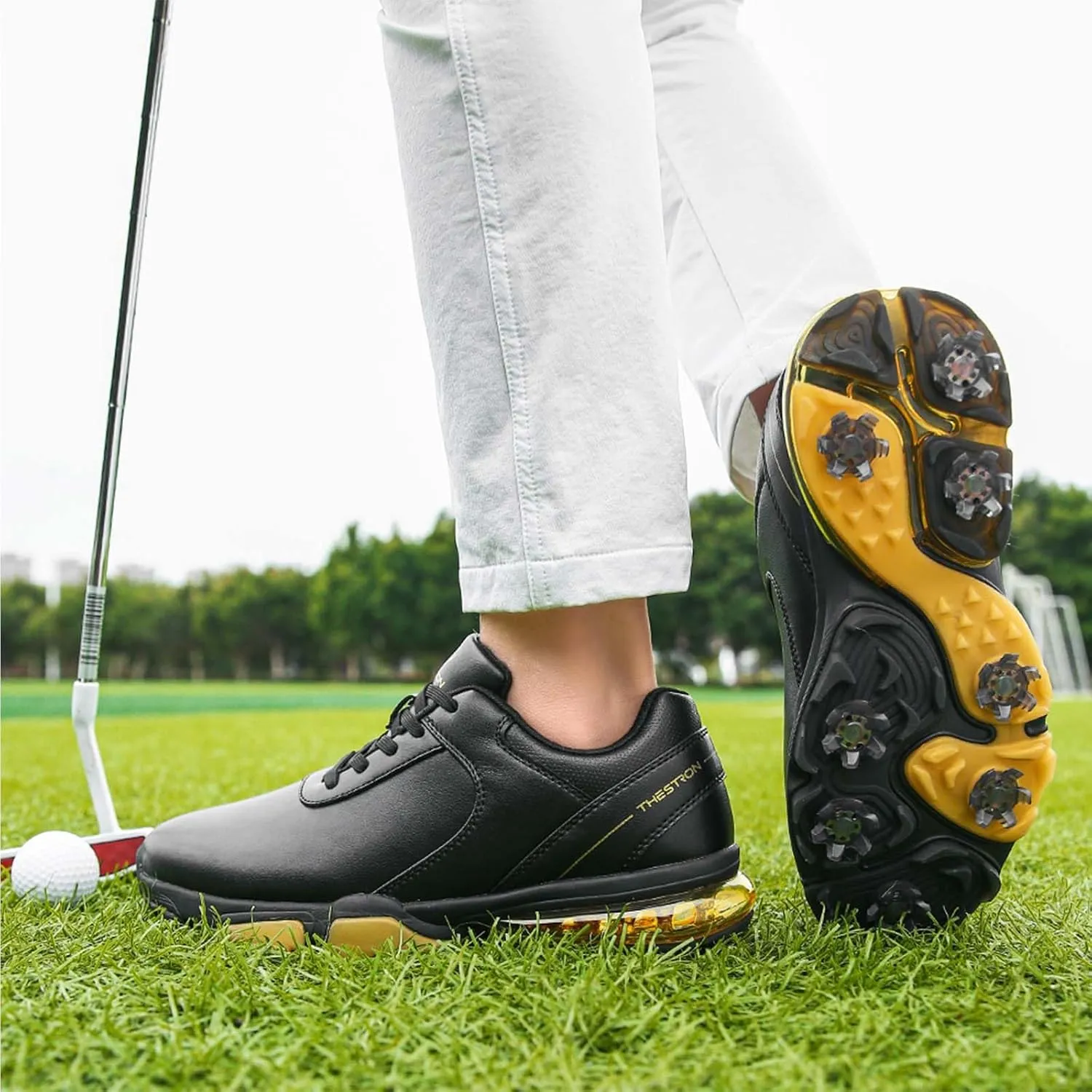 ONAIC Golf Shoes Men with Spikes Leather Golf Shoes Waterproof for Outdoor Trainers Golfing