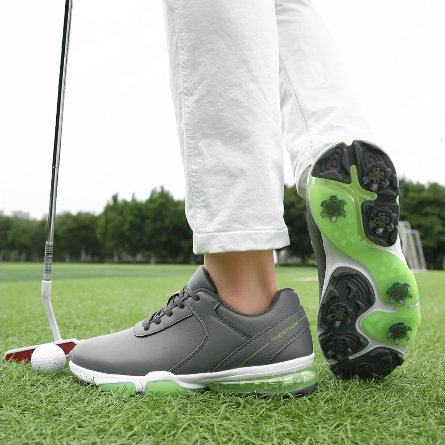 ONAIC Golf Shoes Men with Spikes Leather Golf Shoes Waterproof for Outdoor Trainers Golfing