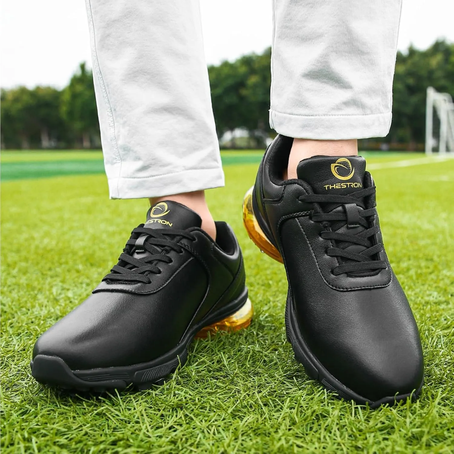 ONAIC Golf Shoes Men with Spikes Leather Golf Shoes Waterproof for Outdoor Trainers Golfing