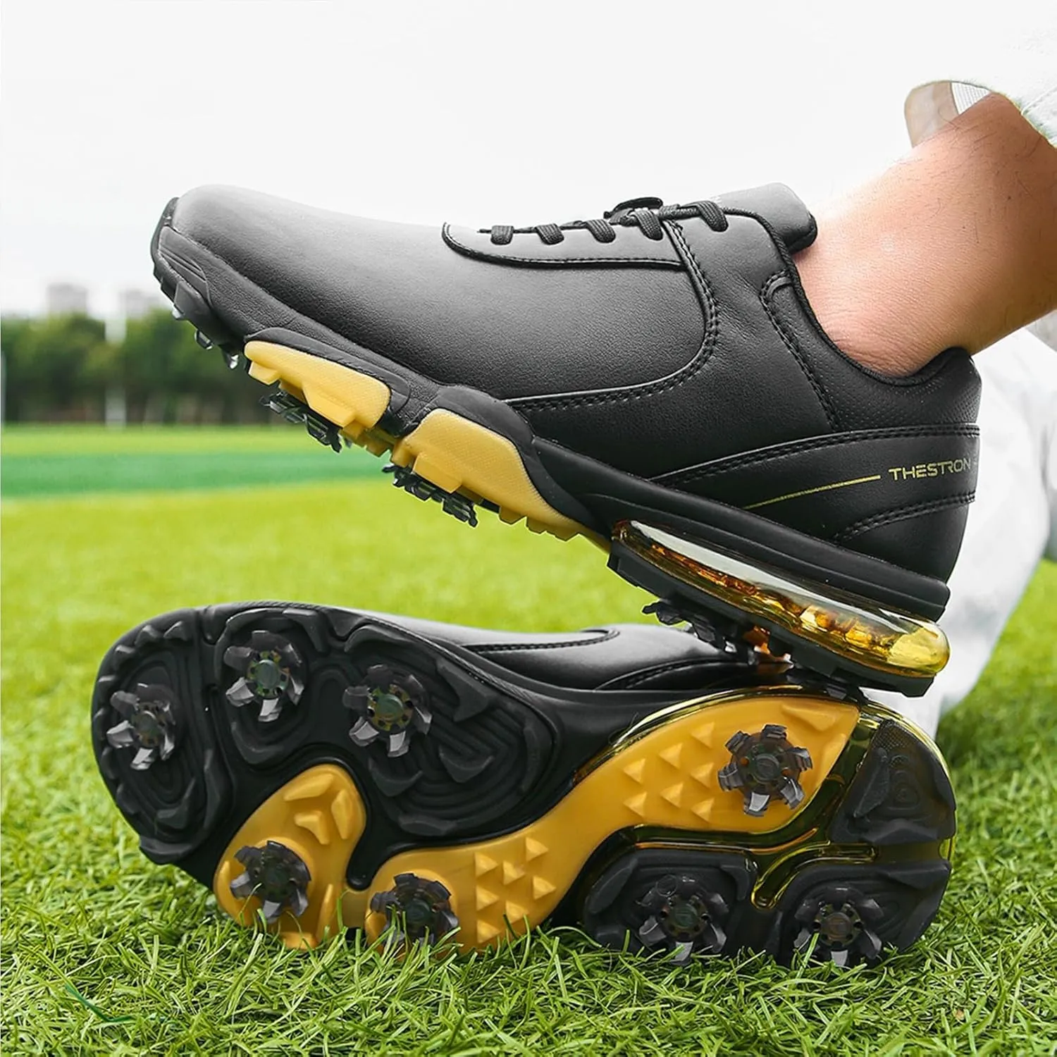 ONAIC Golf Shoes Men with Spikes Leather Golf Shoes Waterproof for Outdoor Trainers Golfing