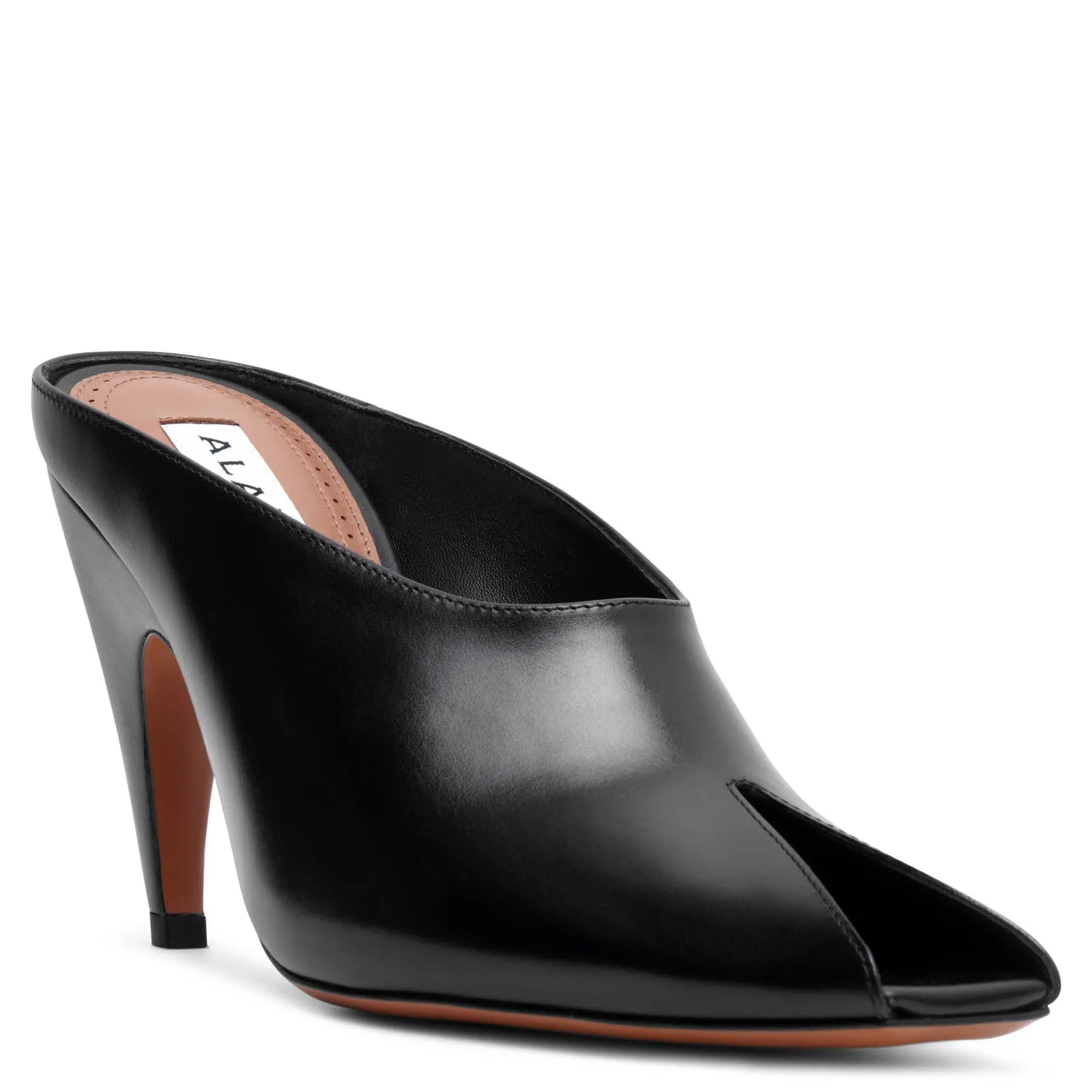 Open toe black leather mules
