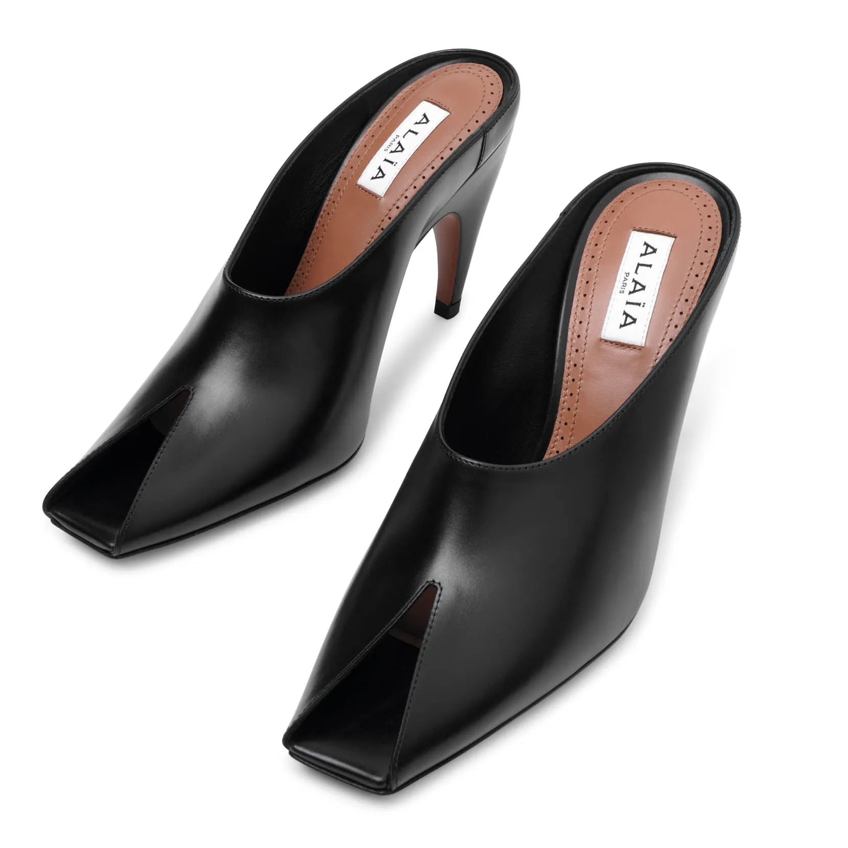 Open toe black leather mules