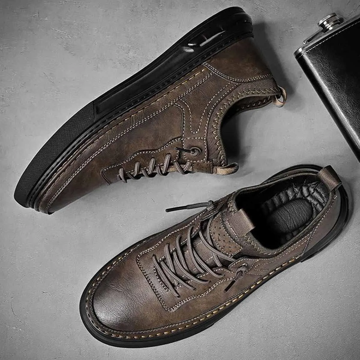Oxford Dress Shoes for Men,Stretch Lace-up Flat Leather Shoes,Casual Formal Walking Boat Comfort Handmade Cowhide Shoes