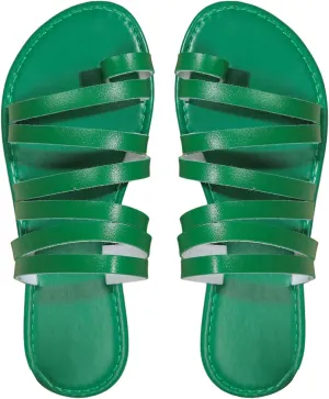 OYOANGLE Women's Metallic PU Leather Toe Post Flat Sandals Open Toe Ankle Strap Sandal Comfortable Walking Slides