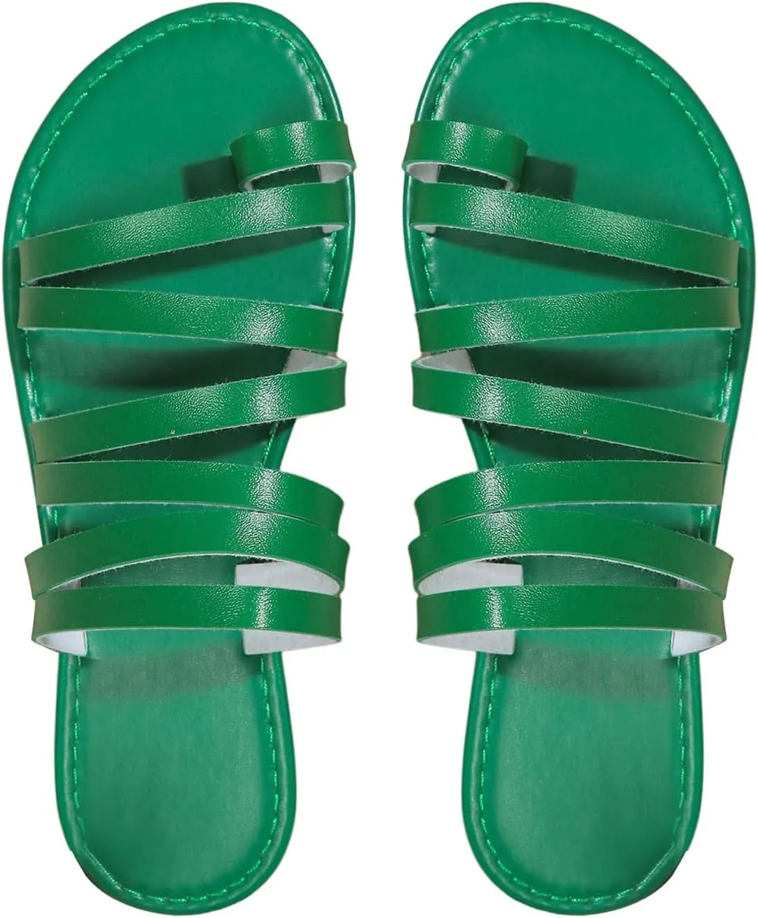OYOANGLE Women's Metallic PU Leather Toe Post Flat Sandals Open Toe Ankle Strap Sandal Comfortable Walking Slides