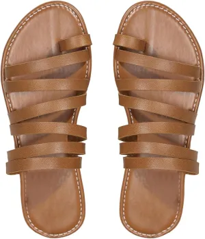 OYOANGLE Women's Metallic PU Leather Toe Post Flat Sandals Open Toe Ankle Strap Sandal Comfortable Walking Slides