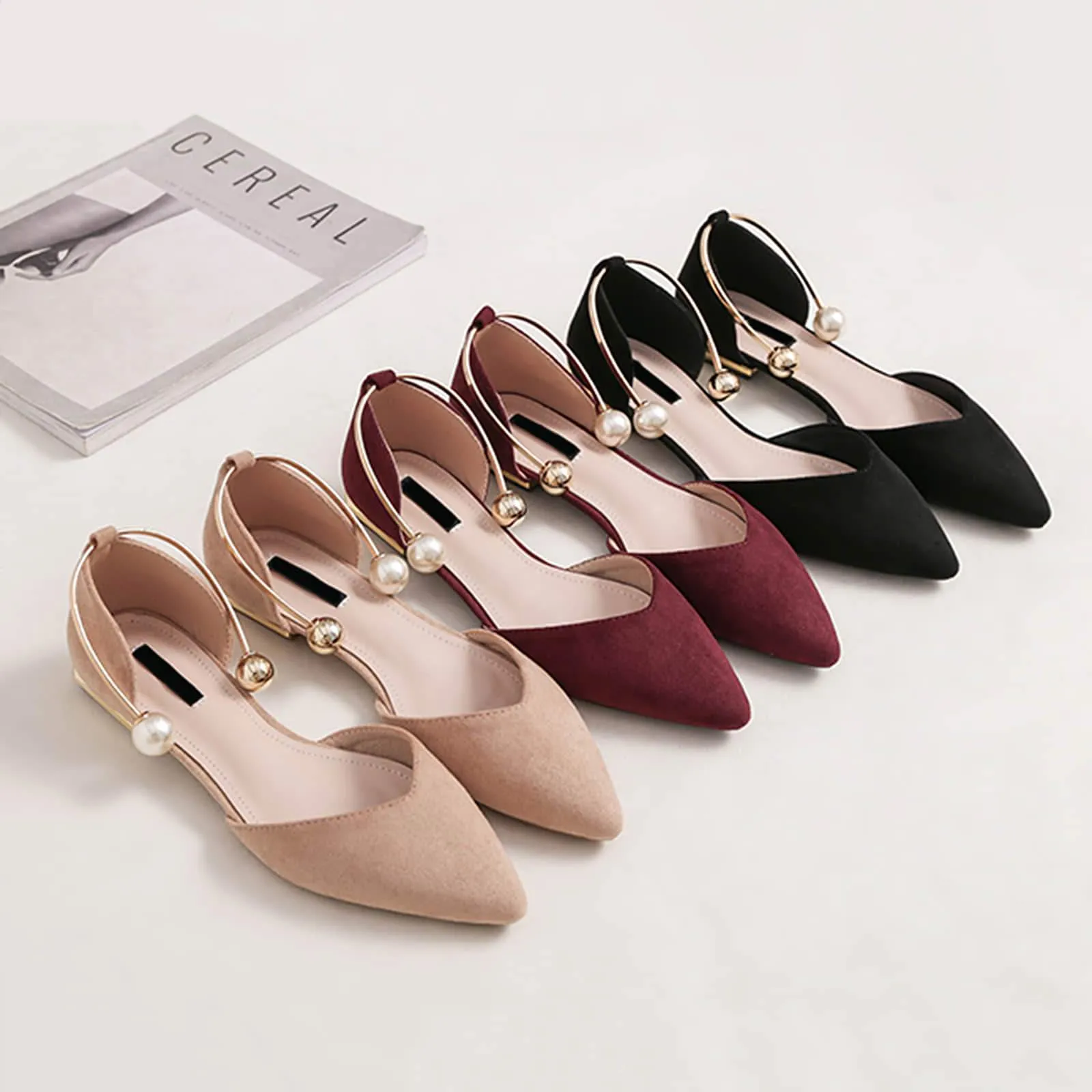 Pearl Buckle Pointed Toe Flat Loafers