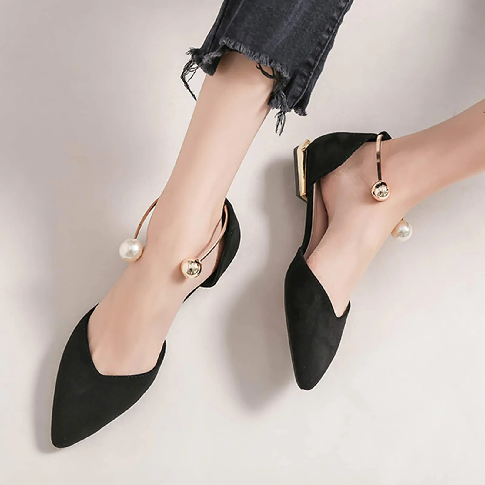 Pearl Buckle Pointed Toe Flat Loafers
