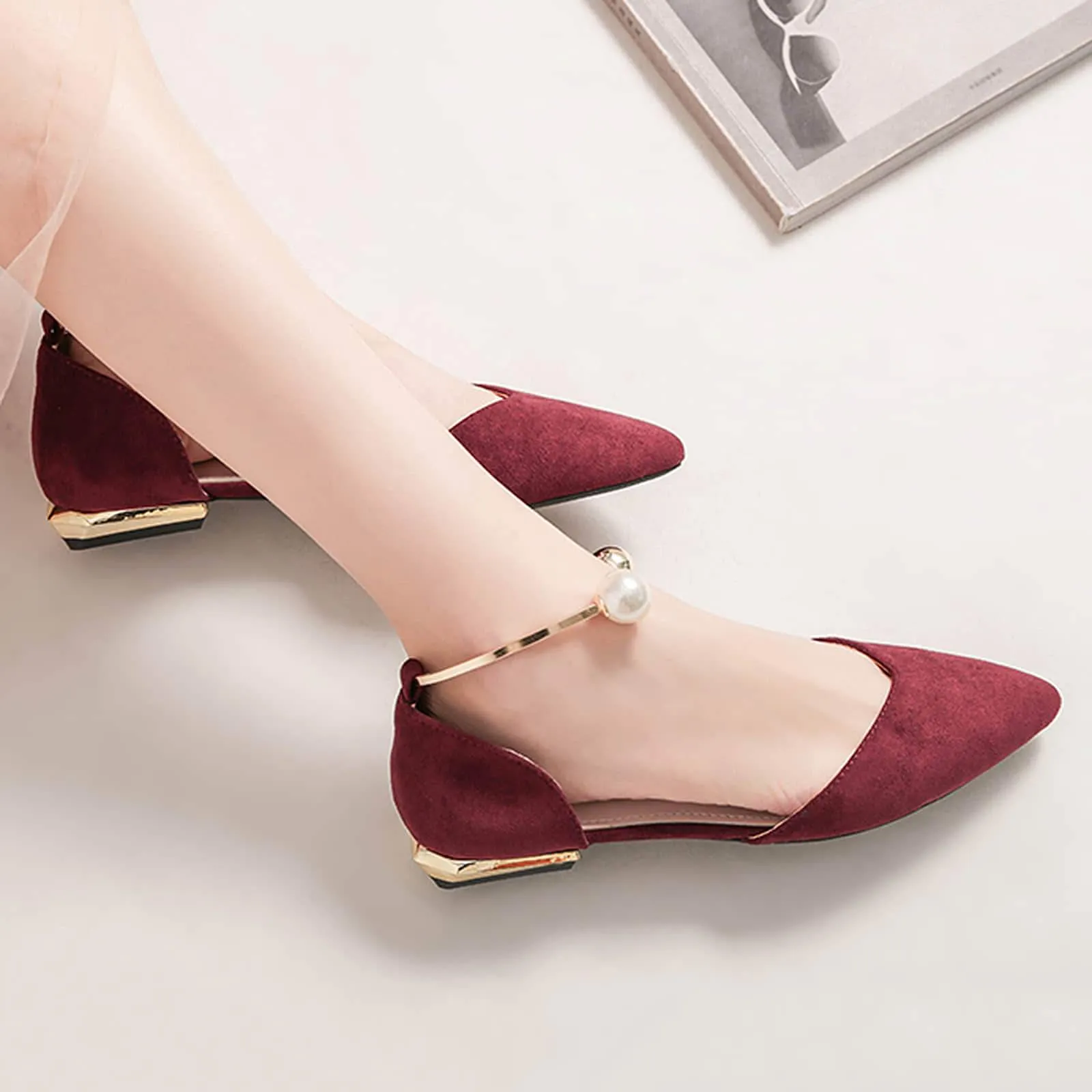 Pearl Buckle Pointed Toe Flat Loafers