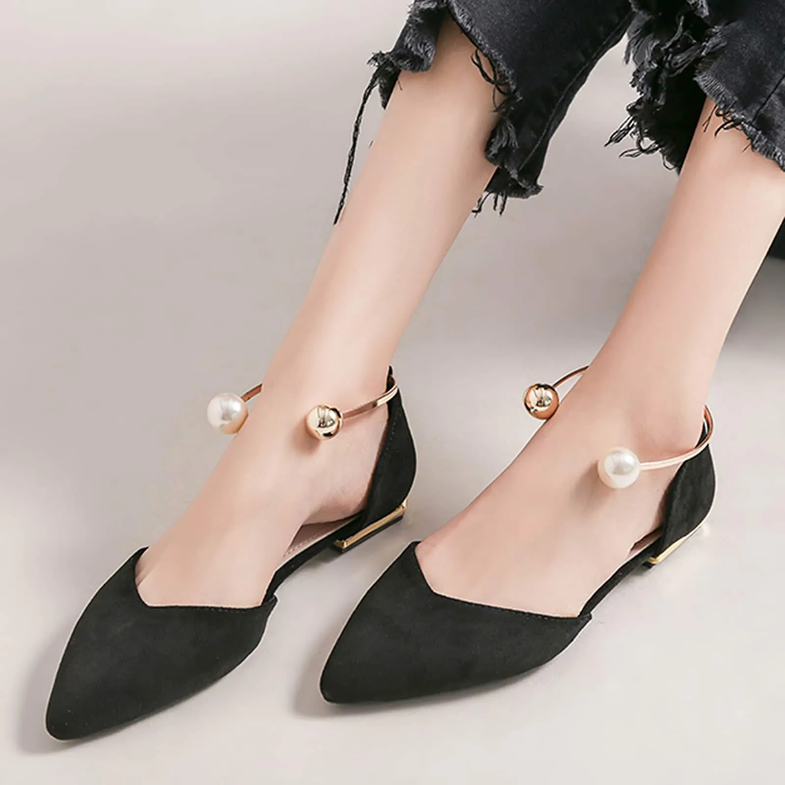 Pearl Buckle Pointed Toe Flat Loafers