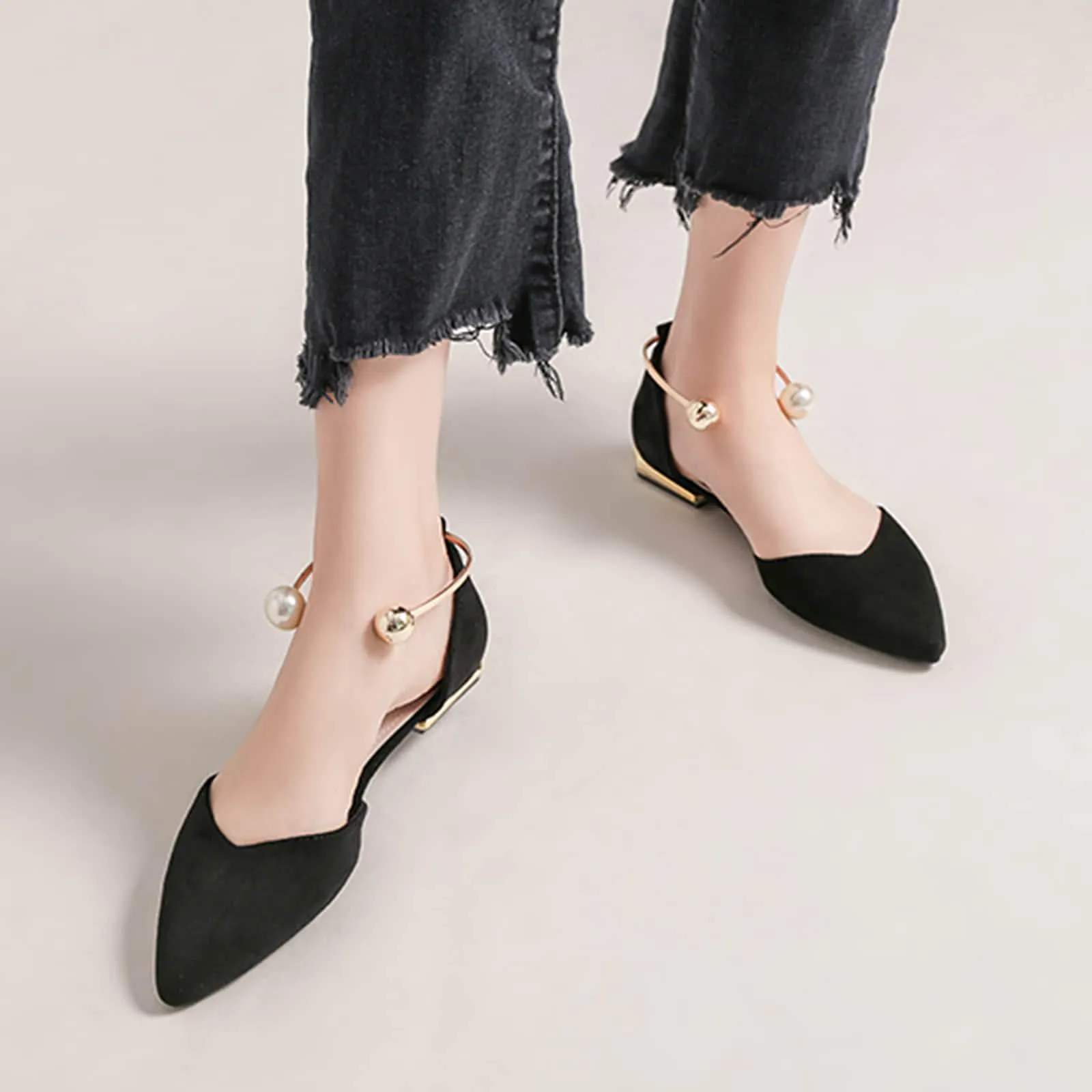 Pearl Buckle Pointed Toe Flat Loafers