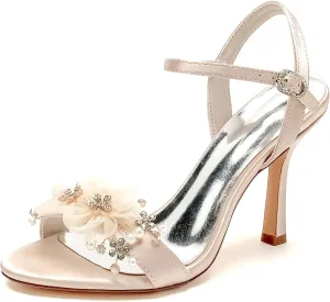 Peep Toe Sandals for Wome, Bridal Sandals for Women with Rhinestone Petals Stiletto Heel Satin Wedding Shoes with Ankle Strap