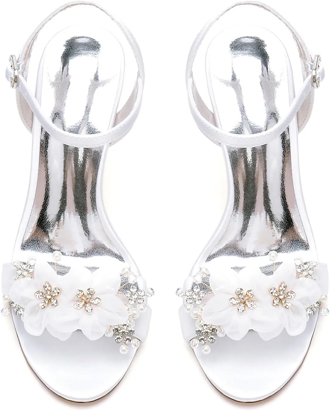 Peep Toe Sandals for Wome, Bridal Sandals for Women with Rhinestone Petals Stiletto Heel Satin Wedding Shoes with Ankle Strap