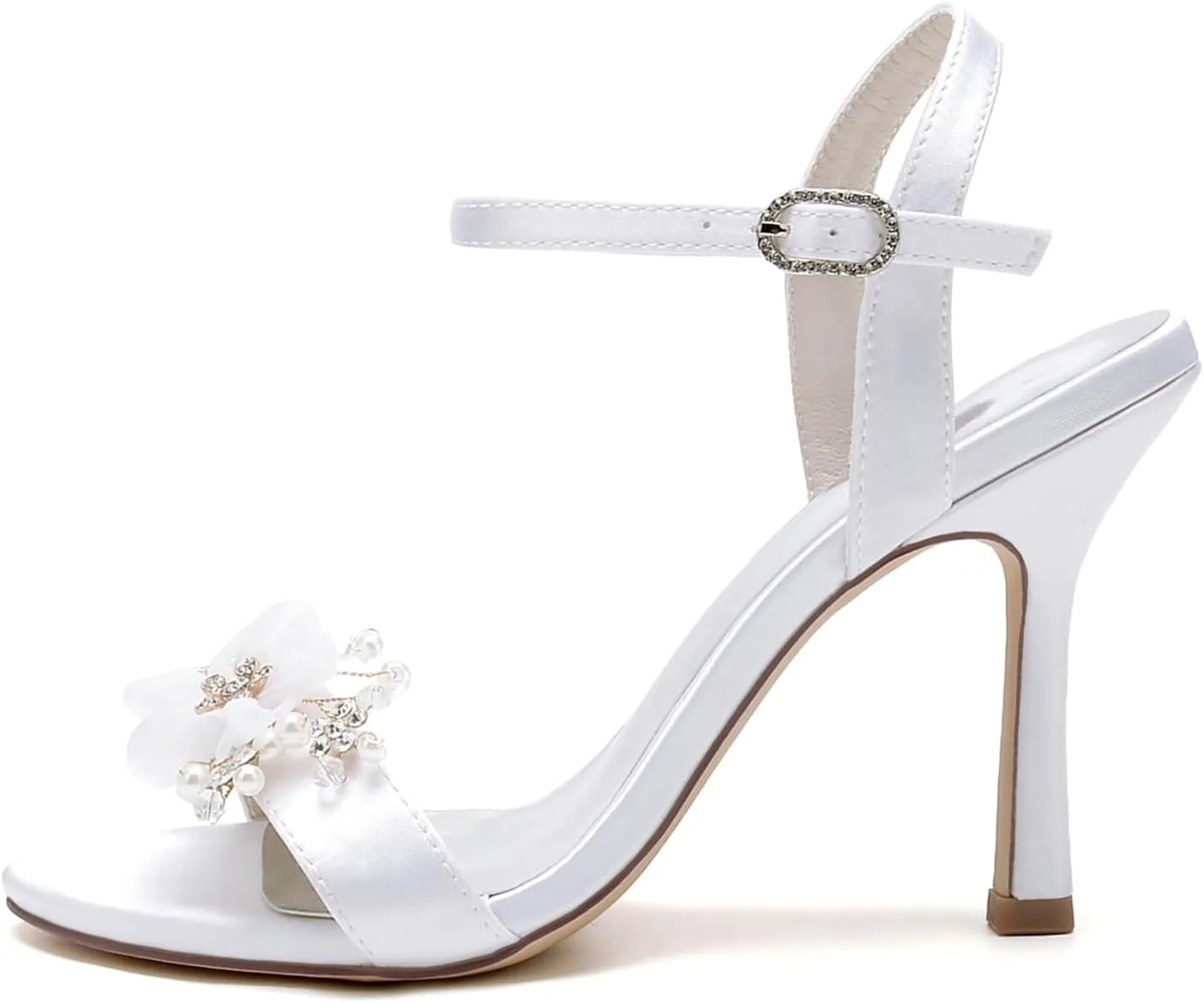 Peep Toe Sandals for Wome, Bridal Sandals for Women with Rhinestone Petals Stiletto Heel Satin Wedding Shoes with Ankle Strap