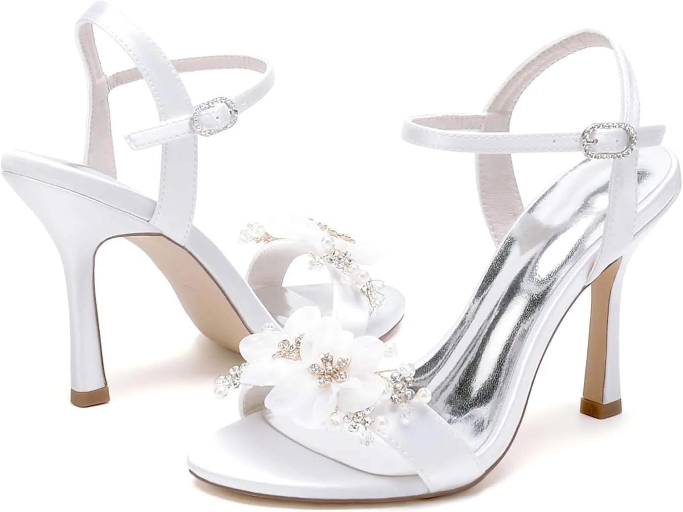 Peep Toe Sandals for Wome, Bridal Sandals for Women with Rhinestone Petals Stiletto Heel Satin Wedding Shoes with Ankle Strap