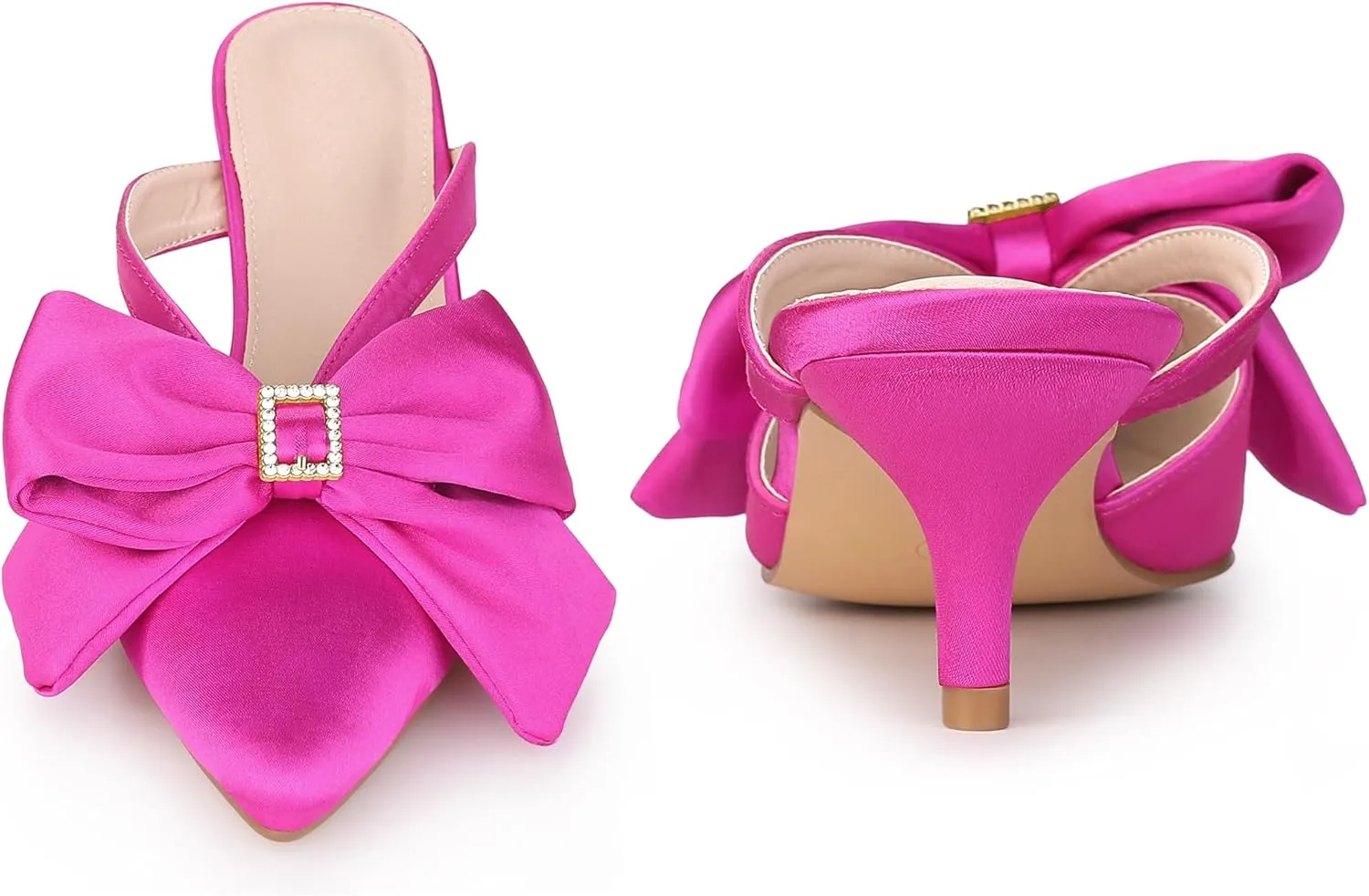 Perphy Bow Heels Closed Pionted Toe Kitten Heel Satin Slide Mules for Women