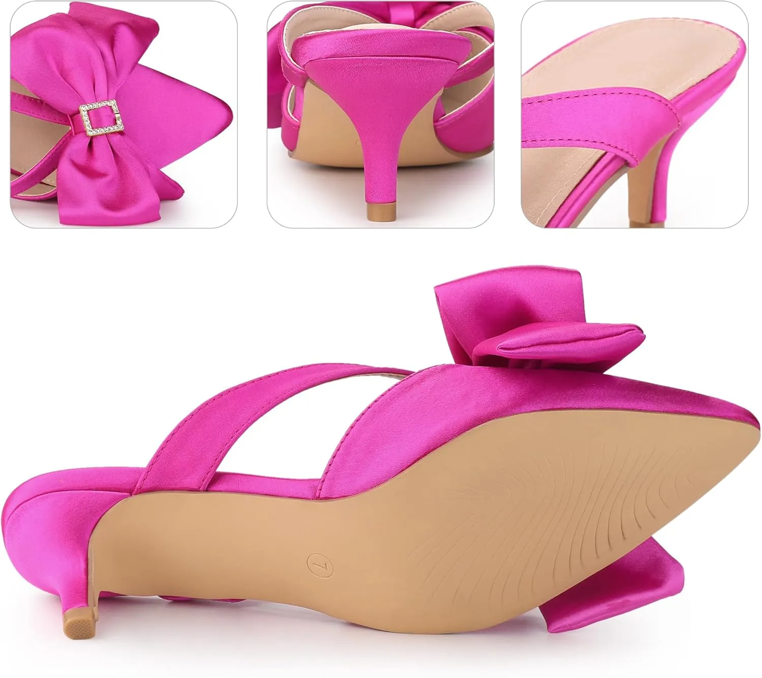 Perphy Bow Heels Closed Pionted Toe Kitten Heel Satin Slide Mules for Women