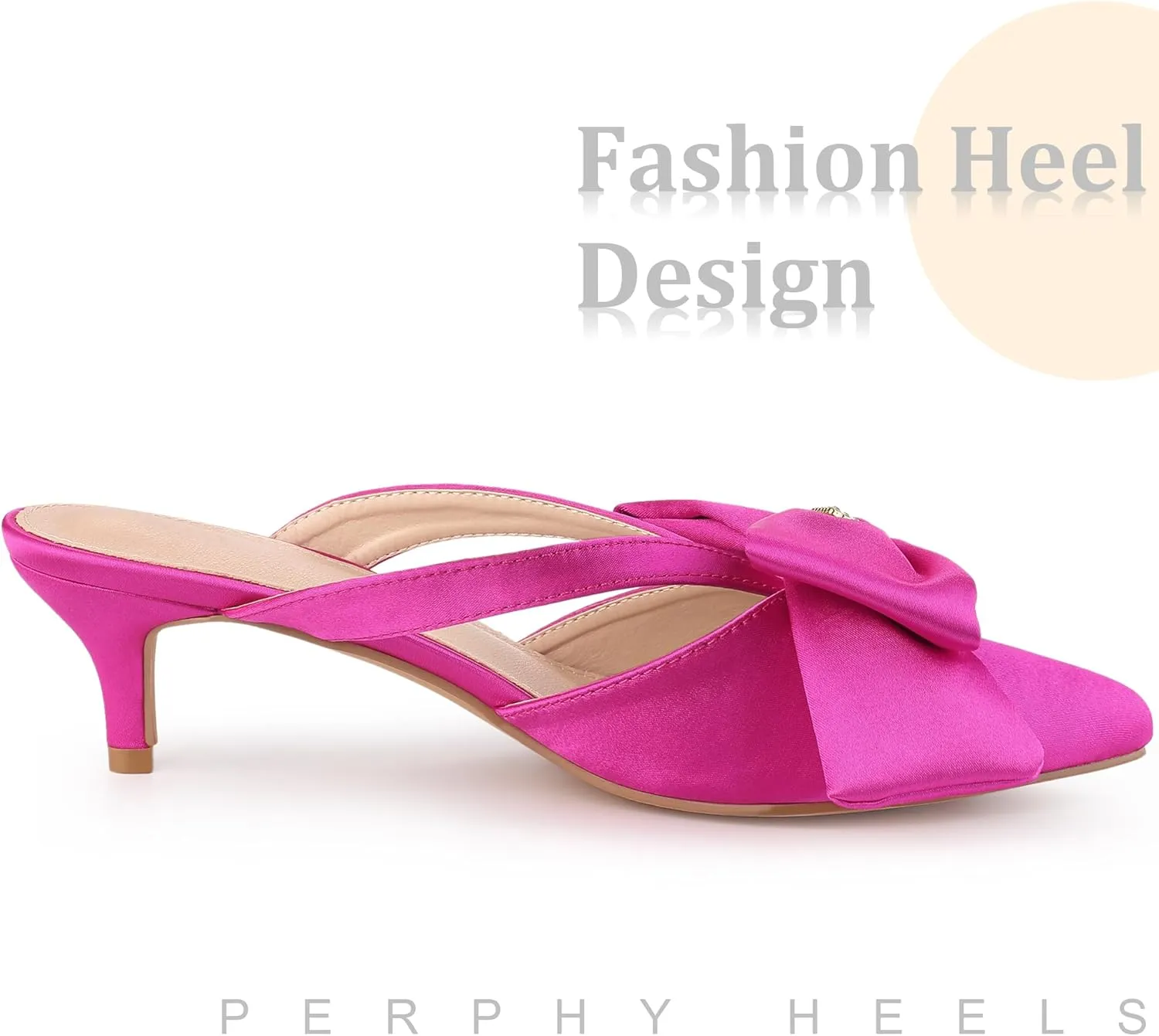 Perphy Bow Heels Closed Pionted Toe Kitten Heel Satin Slide Mules for Women