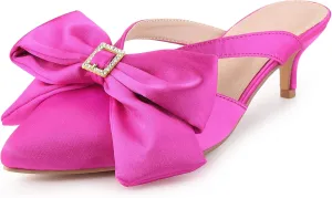 Perphy Bow Heels Closed Pionted Toe Kitten Heel Satin Slide Mules for Women