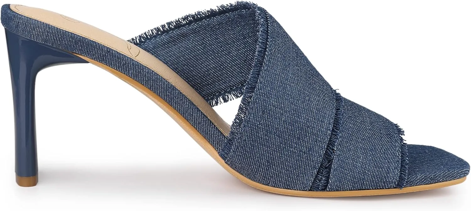 Perphy Denim Sandals Chunky Heels Slides Mules for Women
