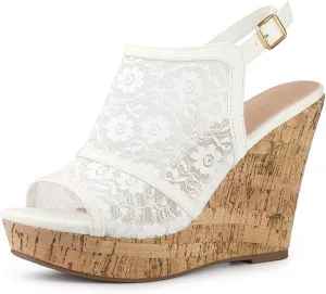 Perphy Lace Platform Heel Slingback Wedges Sandals for Women