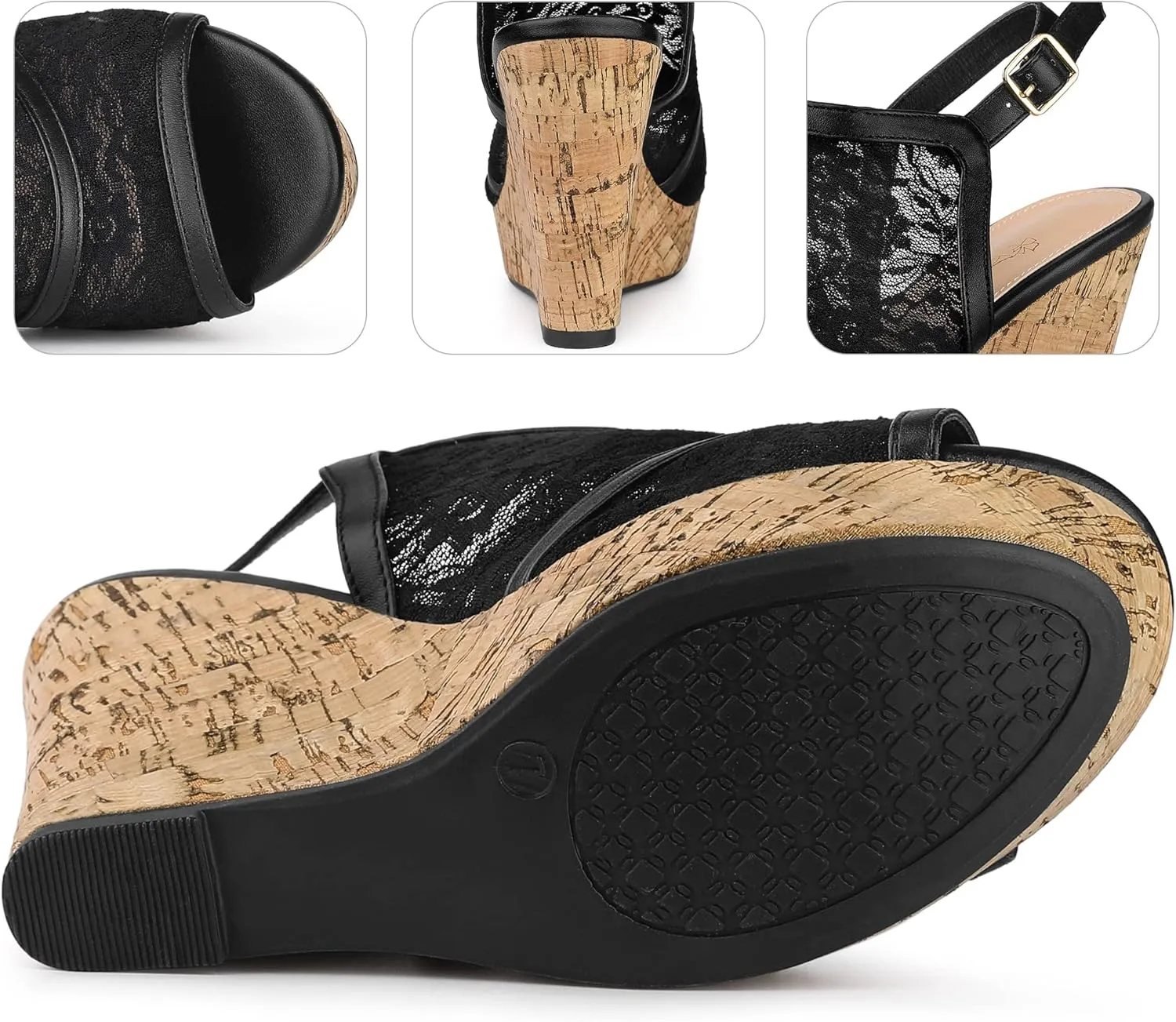 Perphy Lace Platform Heel Slingback Wedges Sandals for Women