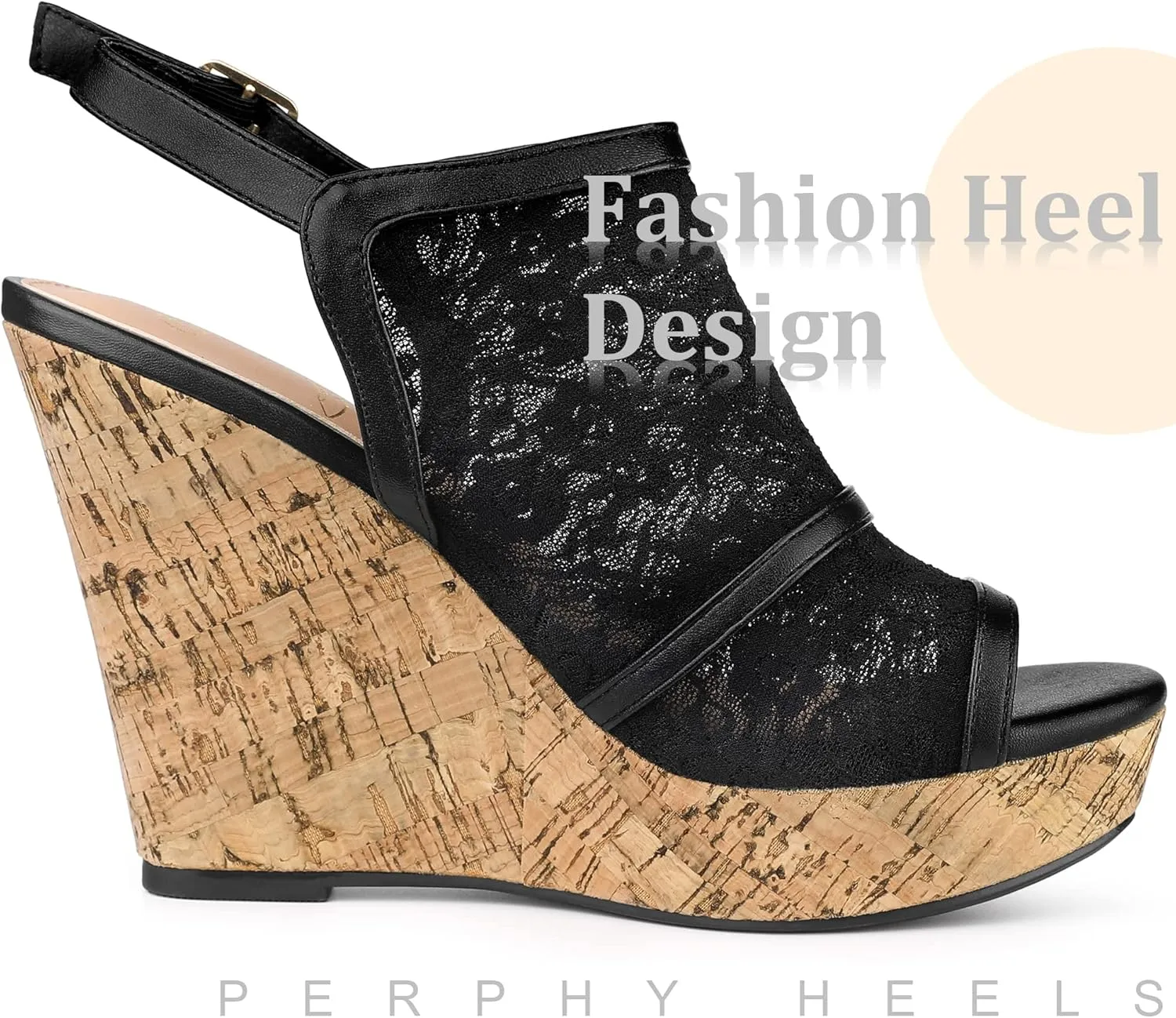 Perphy Lace Platform Heel Slingback Wedges Sandals for Women
