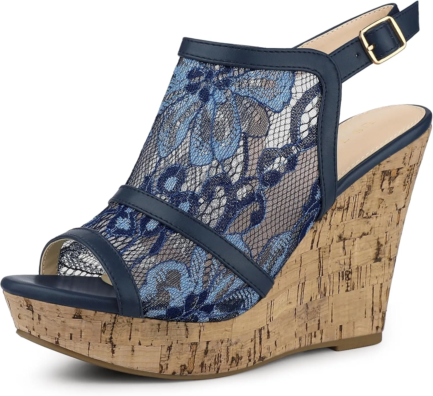 Perphy Lace Platform Heel Slingback Wedges Sandals for Women