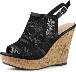 Perphy Lace Platform Heel Slingback Wedges Sandals for Women