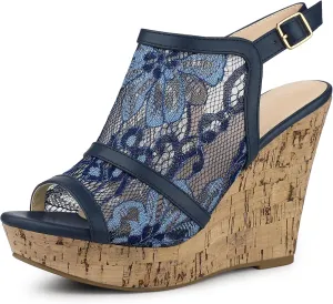 Perphy Lace Platform Heel Slingback Wedges Sandals for Women