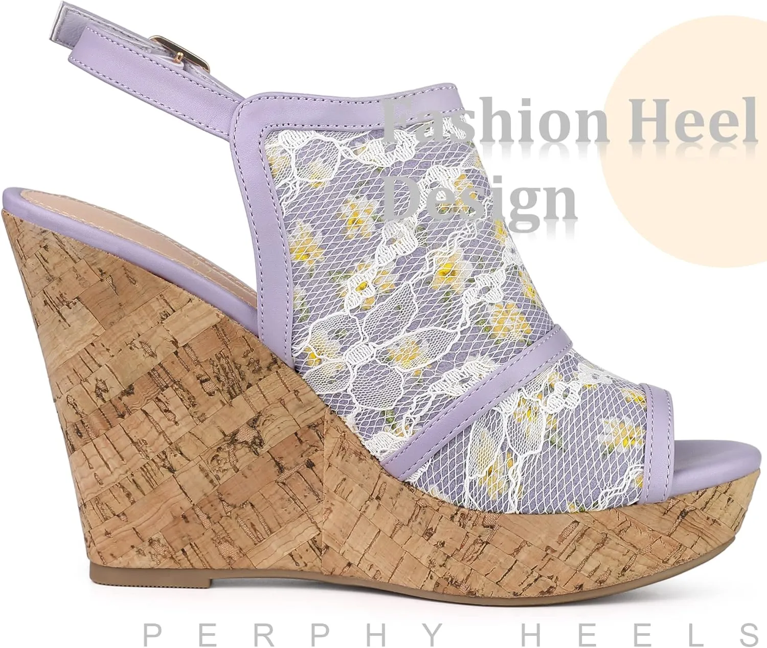 Perphy Lace Platform Heel Slingback Wedges Sandals for Women