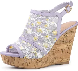 Perphy Lace Platform Heel Slingback Wedges Sandals for Women