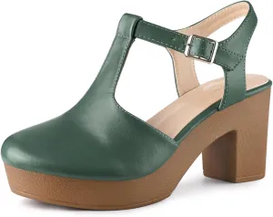 Perphy Platform T-Strap Shoes Chunky Heels Mules Sandals for Women