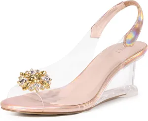 Perphy Rhinestone Clear Wedge Heel Slingback Sandal for Women