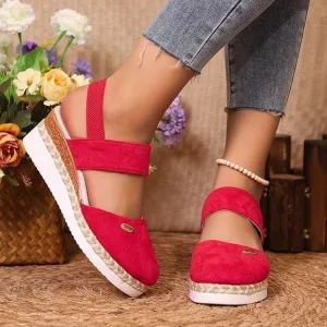 Platform Closed Toe Wedge Sandals, Womens Low Espadrilles Wedges Adjustable Buckle Ankle Strap Sandals Wide Width Walking Outing Shoes Summer Beach A-Red,7.5