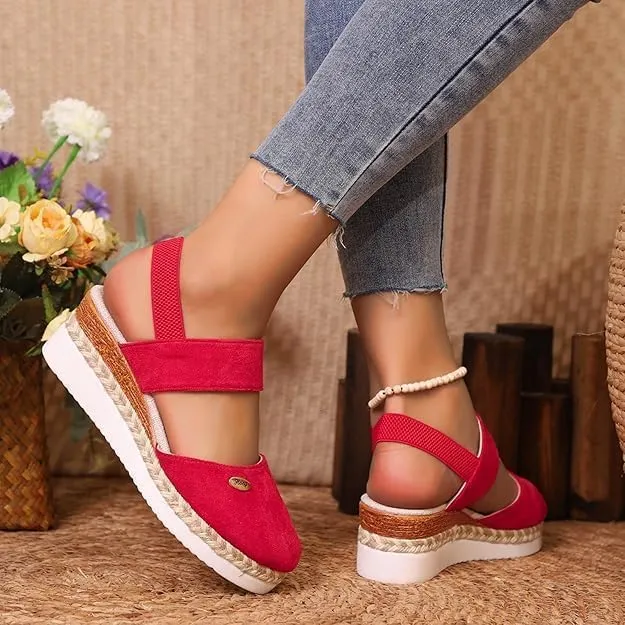 Platform Closed Toe Wedge Sandals, Womens Low Espadrilles Wedges Adjustable Buckle Ankle Strap Sandals Wide Width Walking Outing Shoes Summer Beach A-Red,7.5