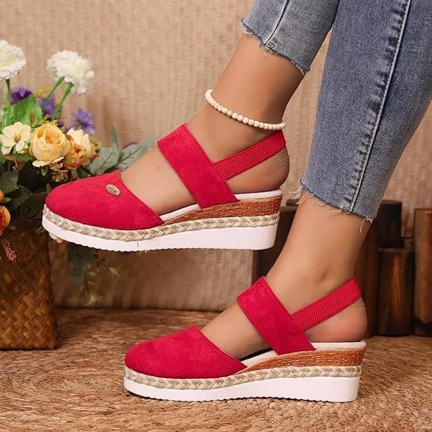 Platform Closed Toe Wedge Sandals, Womens Low Espadrilles Wedges Adjustable Buckle Ankle Strap Sandals Wide Width Walking Outing Shoes Summer Beach A-Red,7.5
