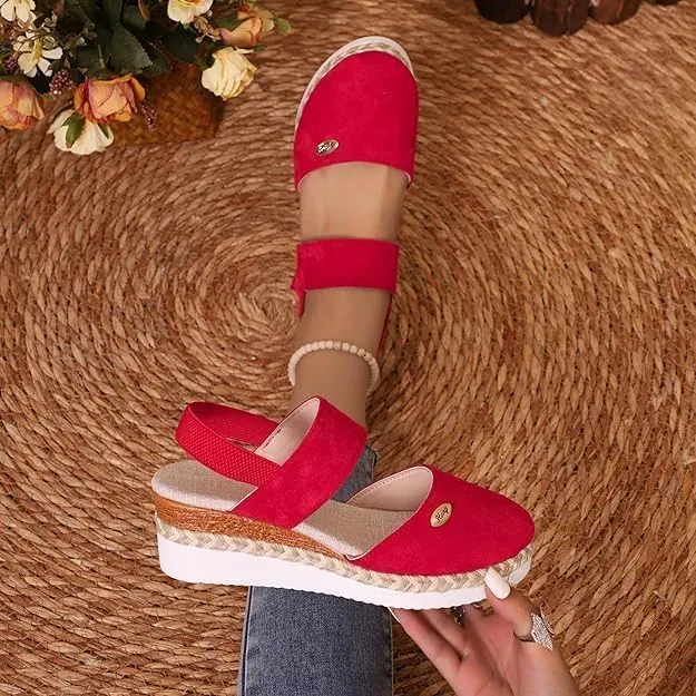 Platform Closed Toe Wedge Sandals, Womens Low Espadrilles Wedges Adjustable Buckle Ankle Strap Sandals Wide Width Walking Outing Shoes Summer Beach A-Red,7.5