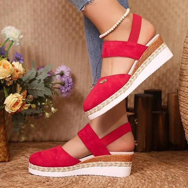 Platform Closed Toe Wedge Sandals, Womens Low Espadrilles Wedges Adjustable Buckle Ankle Strap Sandals Wide Width Walking Outing Shoes Summer Beach A-Red,7.5