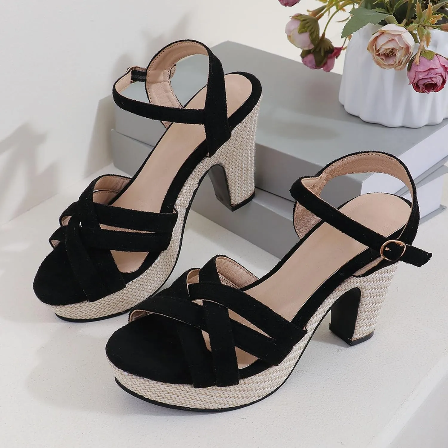 Platform High Heels for Women Chunky Heel Dress Shoes Peep Toe Work Shoes Ankle Strap Block Heels for Office Vacation