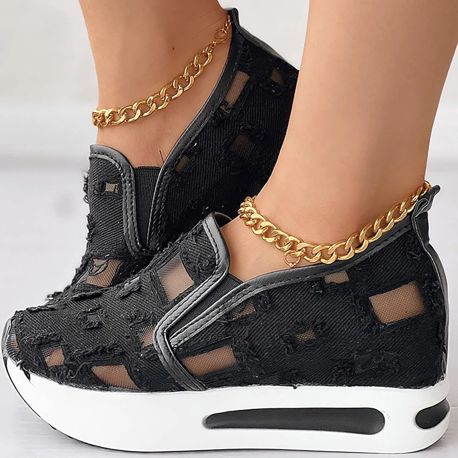 Platform Wedge Sneakers for Women Floral Embroidery Breathable Sheer Mesh Lace Sneakers Mesh Air Comfort Chunky Sole Hidden High Heels Slip On Loafers Dressy Casual Walking Shoes