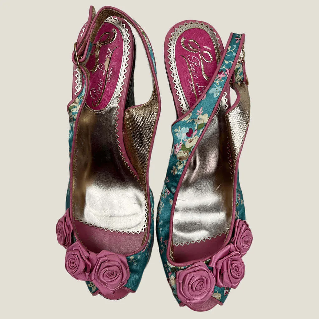 Poetic License Floral Satin Slingback Peep Toe Basket Weave Wedge 8