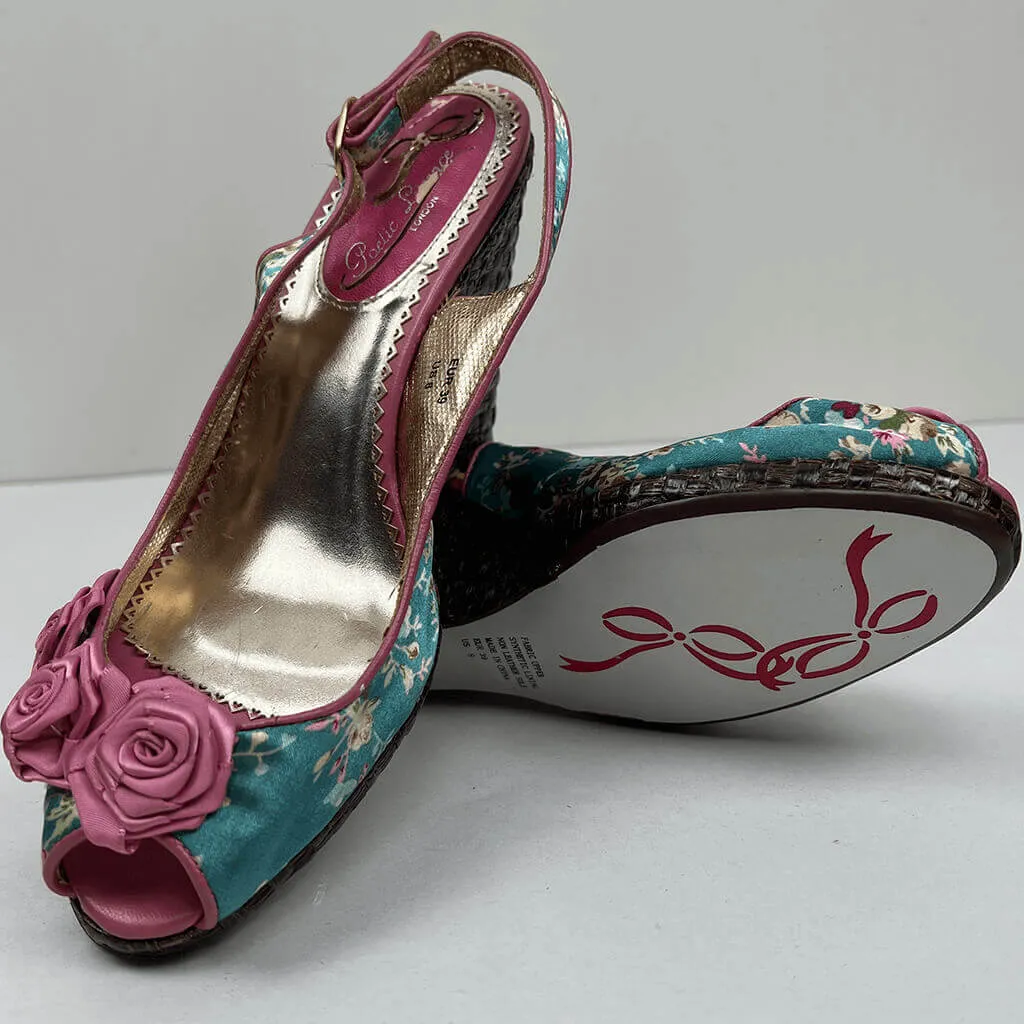Poetic License Floral Satin Slingback Peep Toe Basket Weave Wedge 8