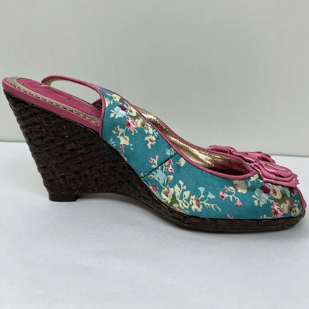 Poetic License Floral Satin Slingback Peep Toe Basket Weave Wedge 8
