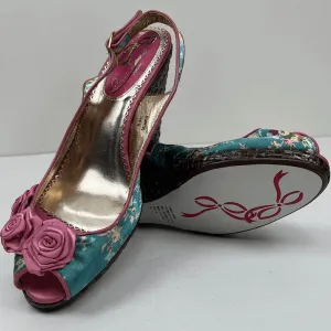 Poetic License Floral Satin Slingback Peep Toe Basket Weave Wedge 8
