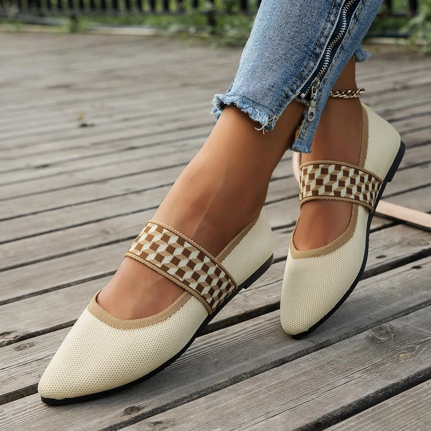 Pointed Toe Flats for Women Knit Ballet Flats Ladies Slip on Work Shoes Business Casul Loafers Comfort Office Shoes