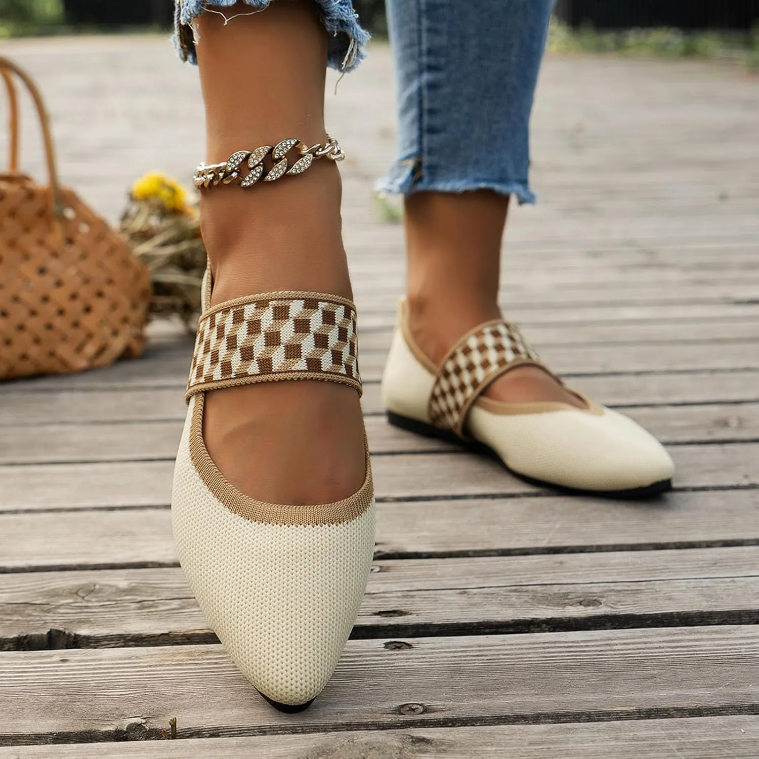 Pointed Toe Flats for Women Knit Ballet Flats Ladies Slip on Work Shoes Business Casul Loafers Comfort Office Shoes