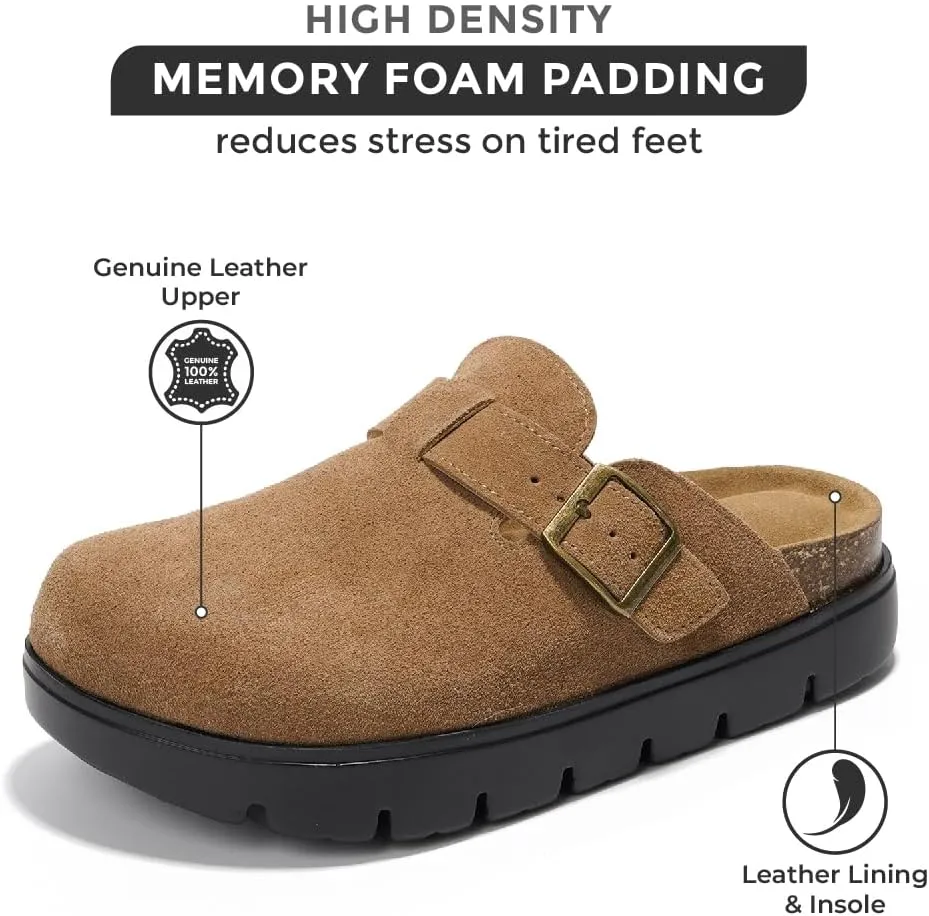 Project Cloud Genuine Leather Platform Clogs for Women Footwear - Memory Foam Arch Support Cork Footbed Casual Shoes & Mules for Women 2025 (Benton Chunky)
